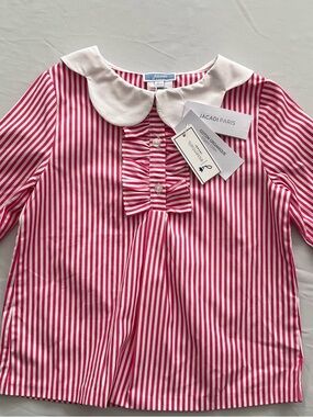 Jacadi Pink & White Striped Ruffled Peter Pan Collar Blouse